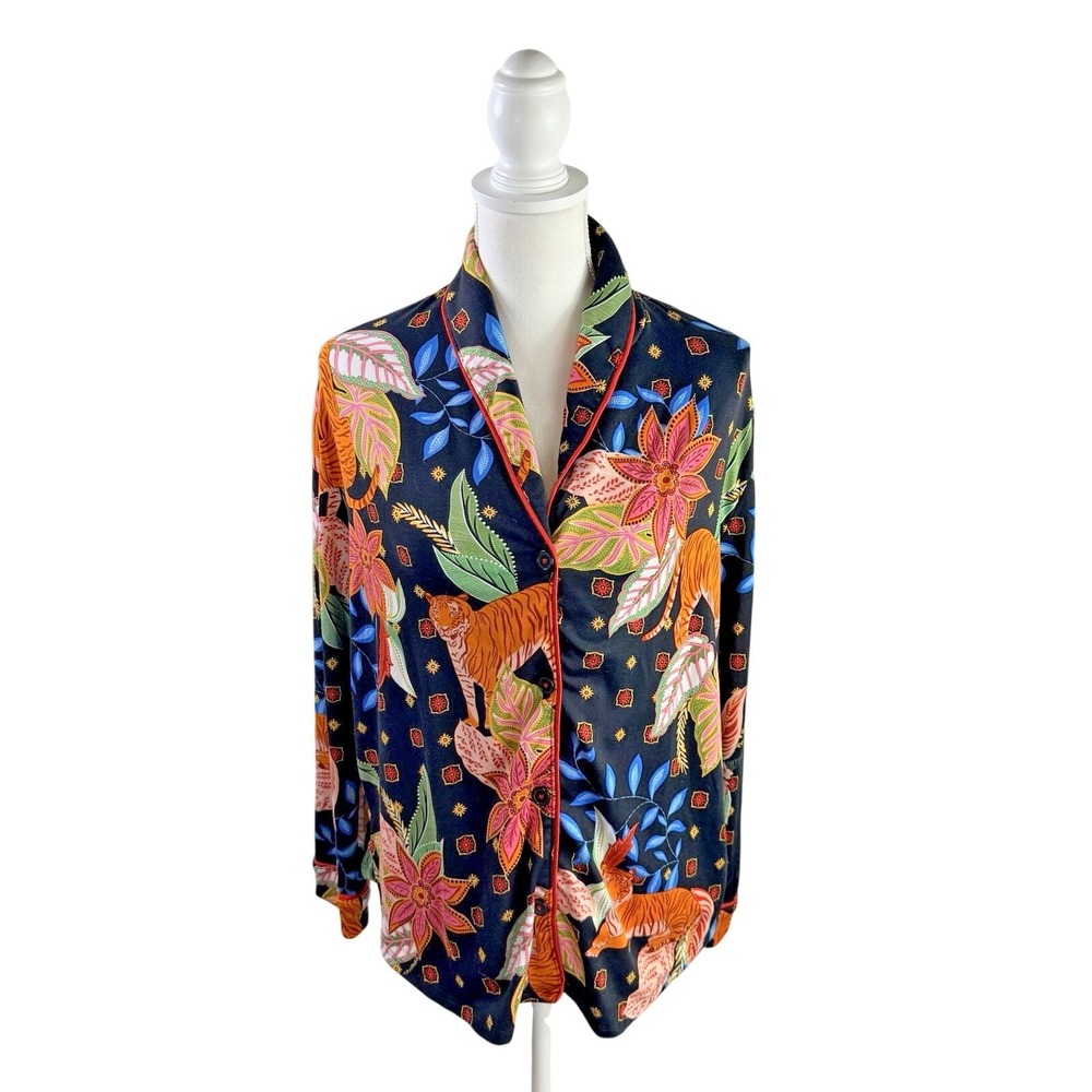 Room Service Pajama Top Womens L Black Tiger Floral Print Long Sleeve